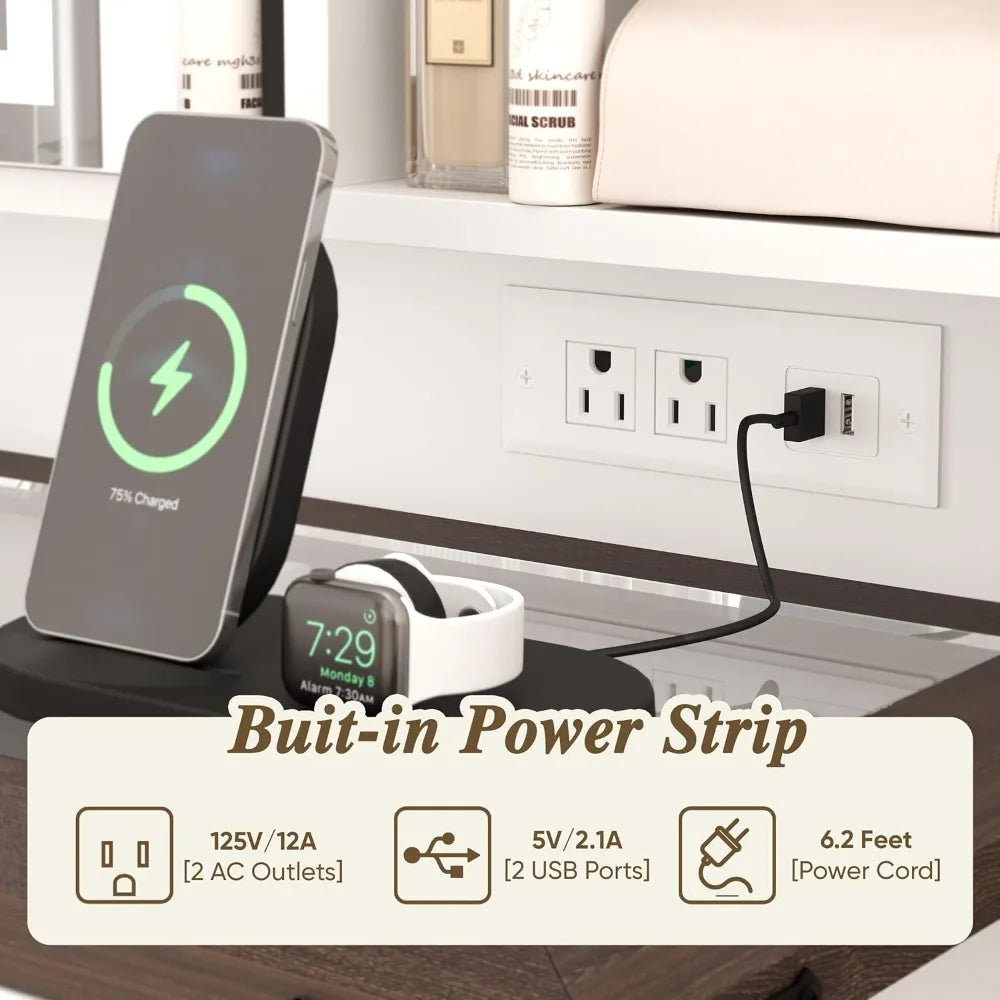 Glasstop Makeup Vanity Desk with Power Outlet Sliding Mirror 42" Farmhouse