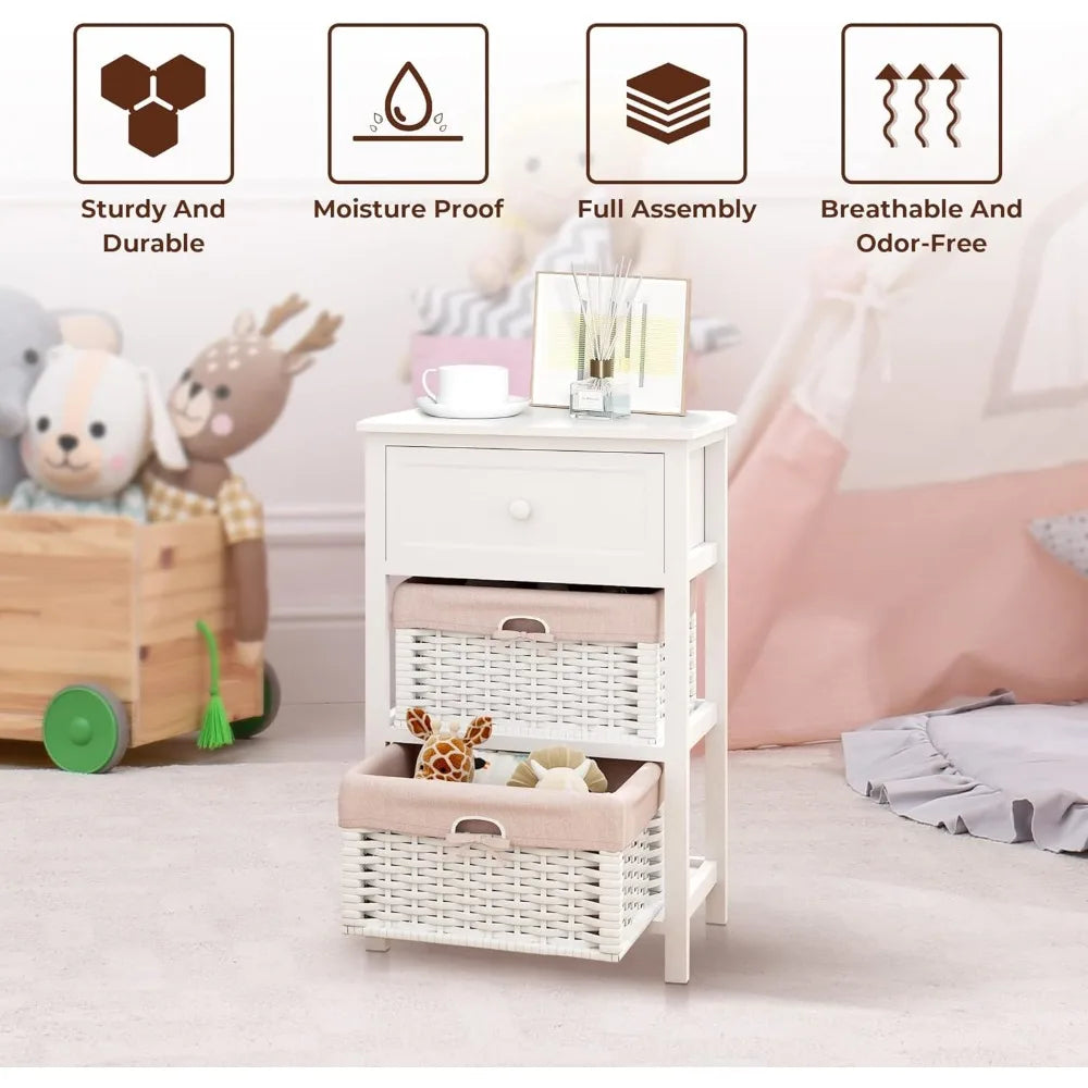 Set of 2 Nightstands with Wicker Baskets Fully Assembled Bedside Tables