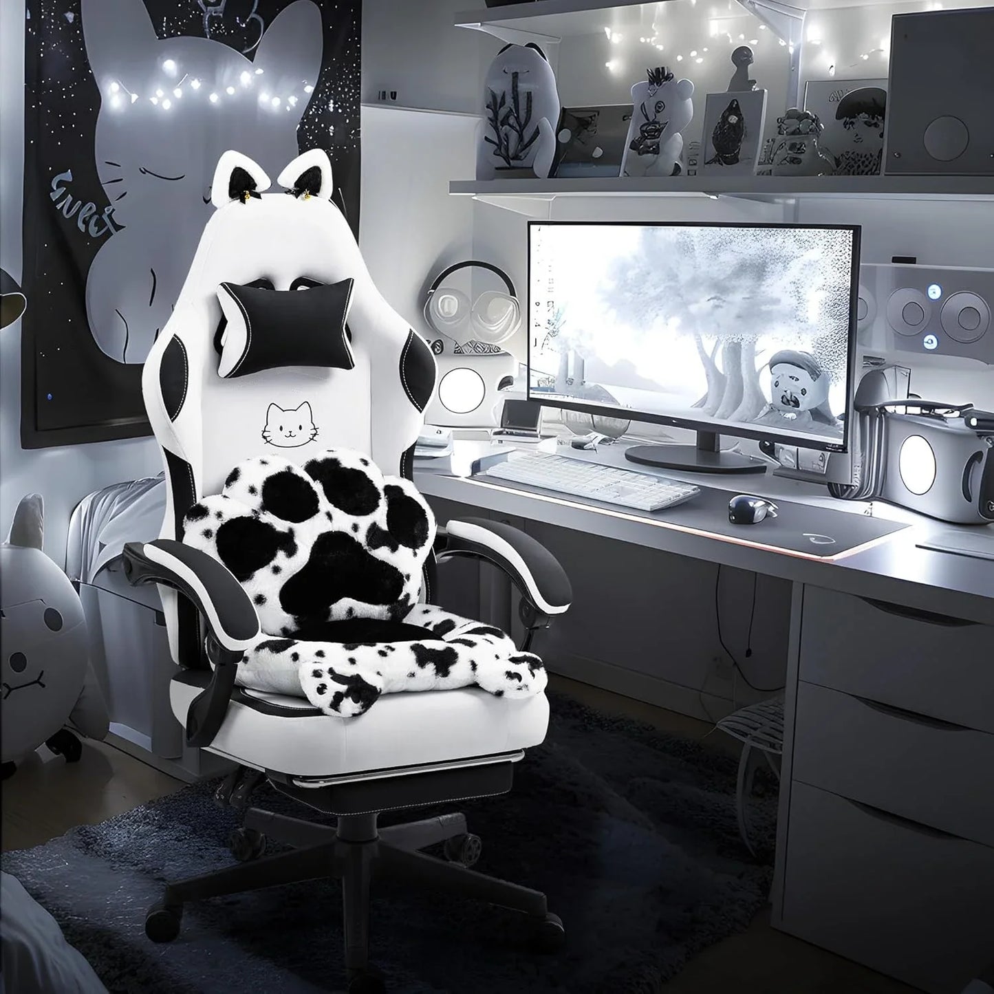 Cute Gaming Chair with Cat Ears Lumbar Cushion Ergonomic Footrest Reclining