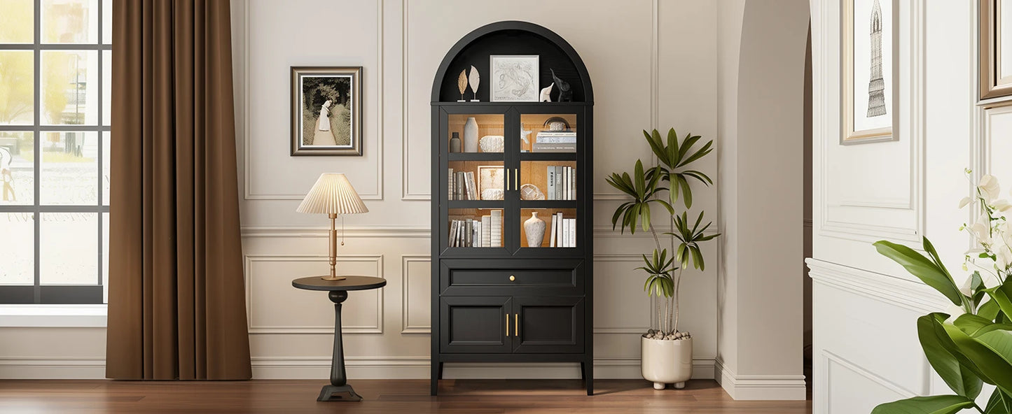 Modern Arched Cabinet with Glass Doors Auto Sensor LED Lights