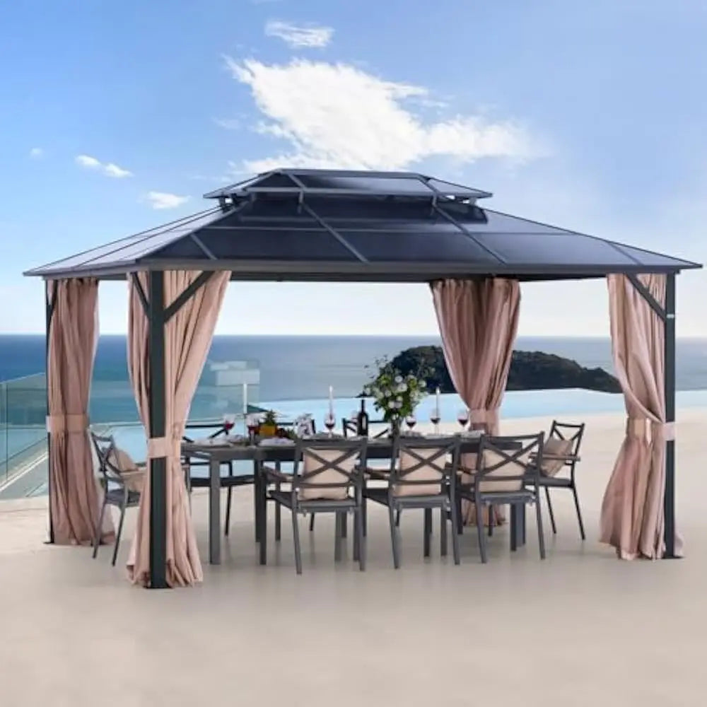 Ljustra 10X13FT Outdoor Gazebo Hardtop Canopy with Netting & Curtains