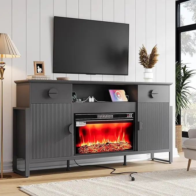 Fluted TV Stand 70 Inch for Living Room with Charging Outlets for TVs Up to 80 Inch