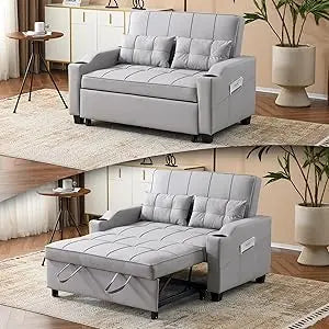 3-in-1 Convertible Futon Sleeper Sofa Bed Pull Out Loveseat with USB & Side Pockets