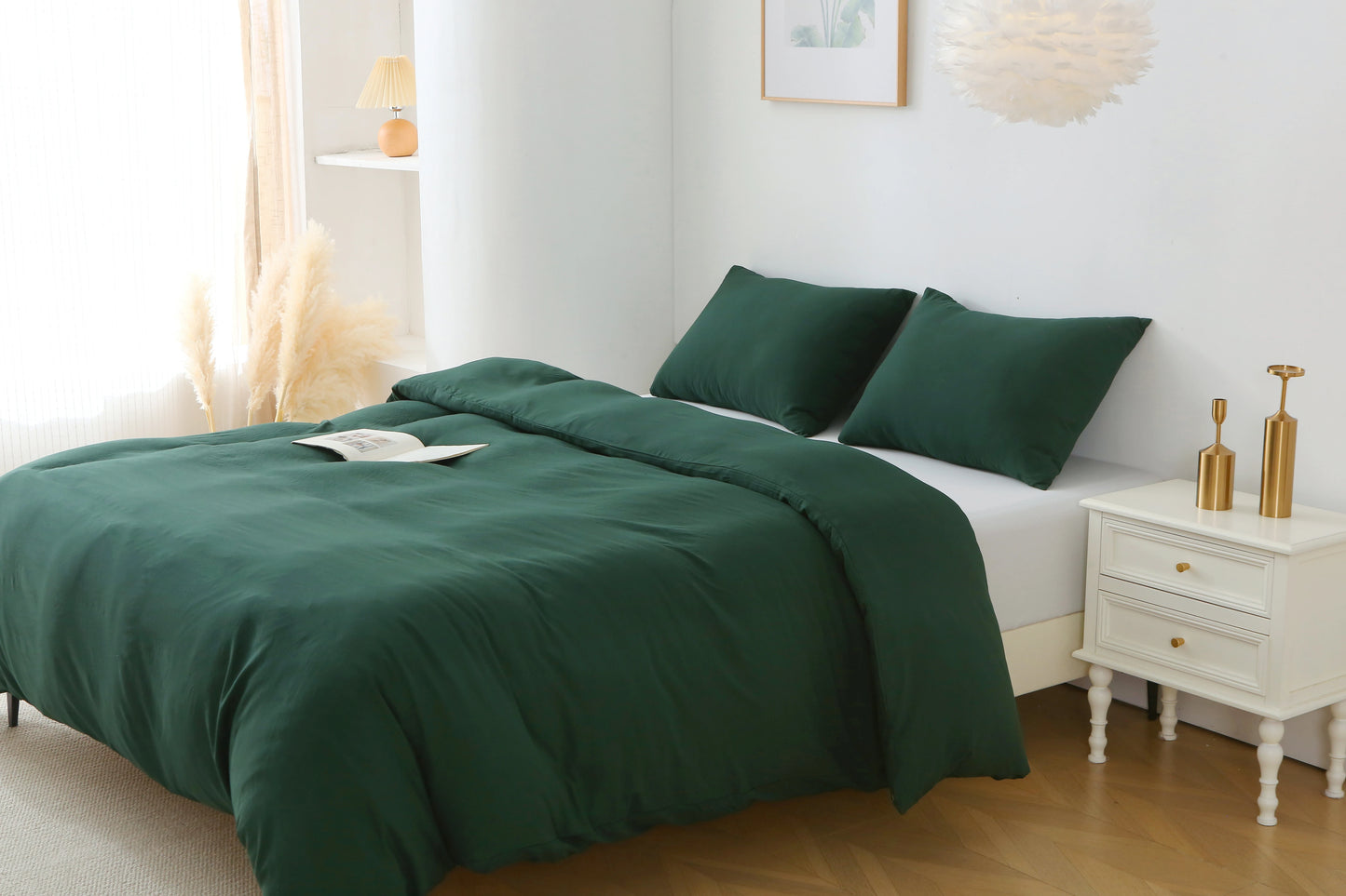 3 Pieces Solid Color Bedding Set Duvet Cover Pillow Shams Queen Green