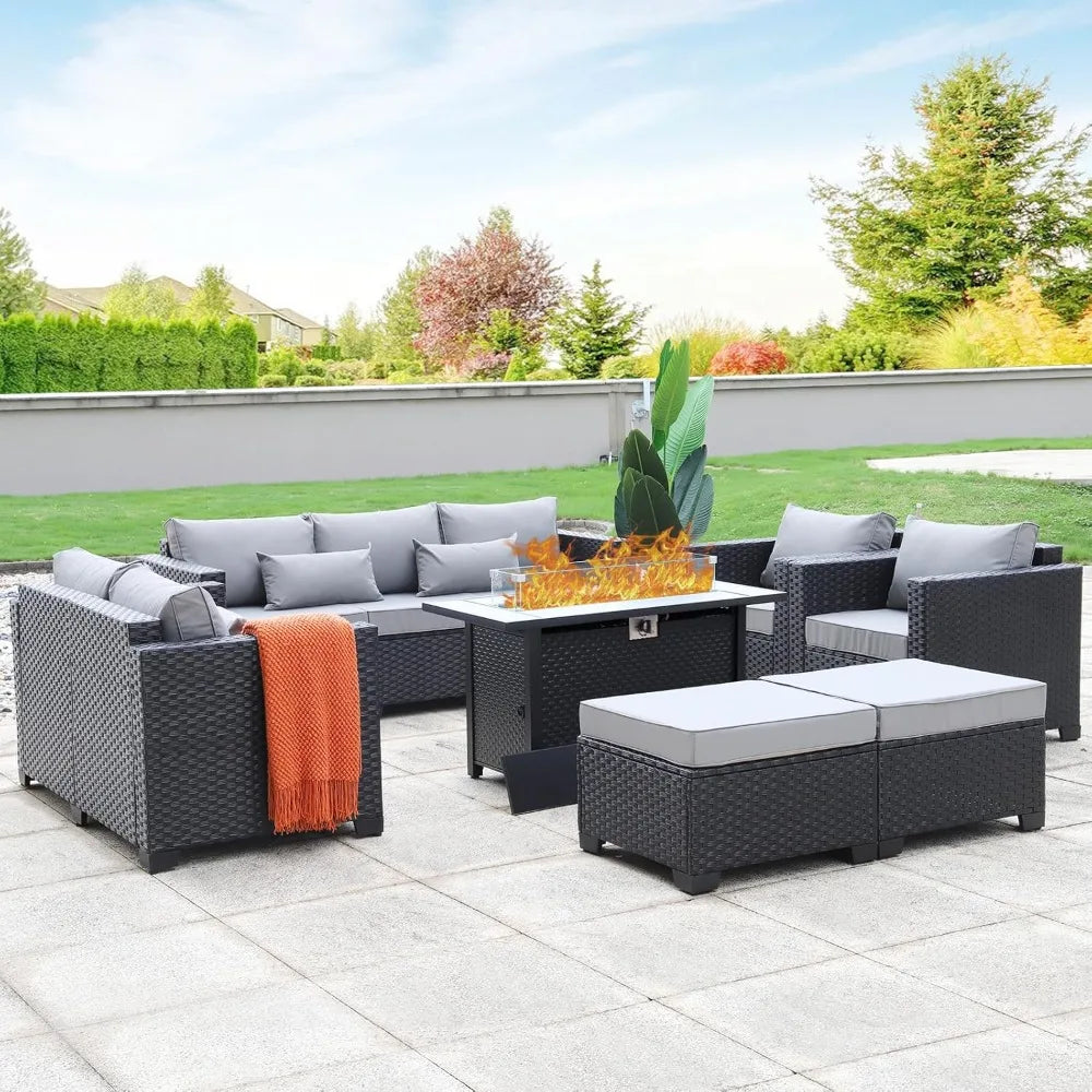 7 Piece Outdoor Furniture Set with Propane Fire Pit Table and Cushions