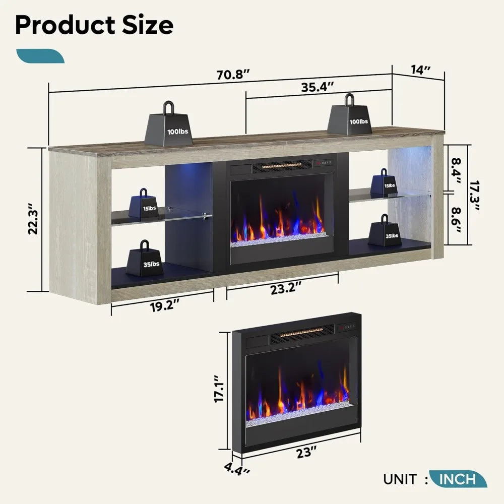 Fireplace TV Stand for 75 inch TV with Electric Fireplace and LED Light