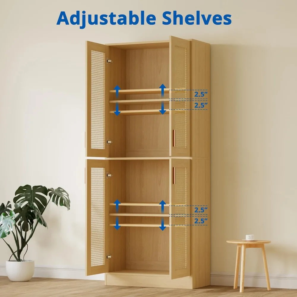 Ljustra 71 Inch Tall Rattan Kitchen Pantry Cabinet with Doors and Shelves