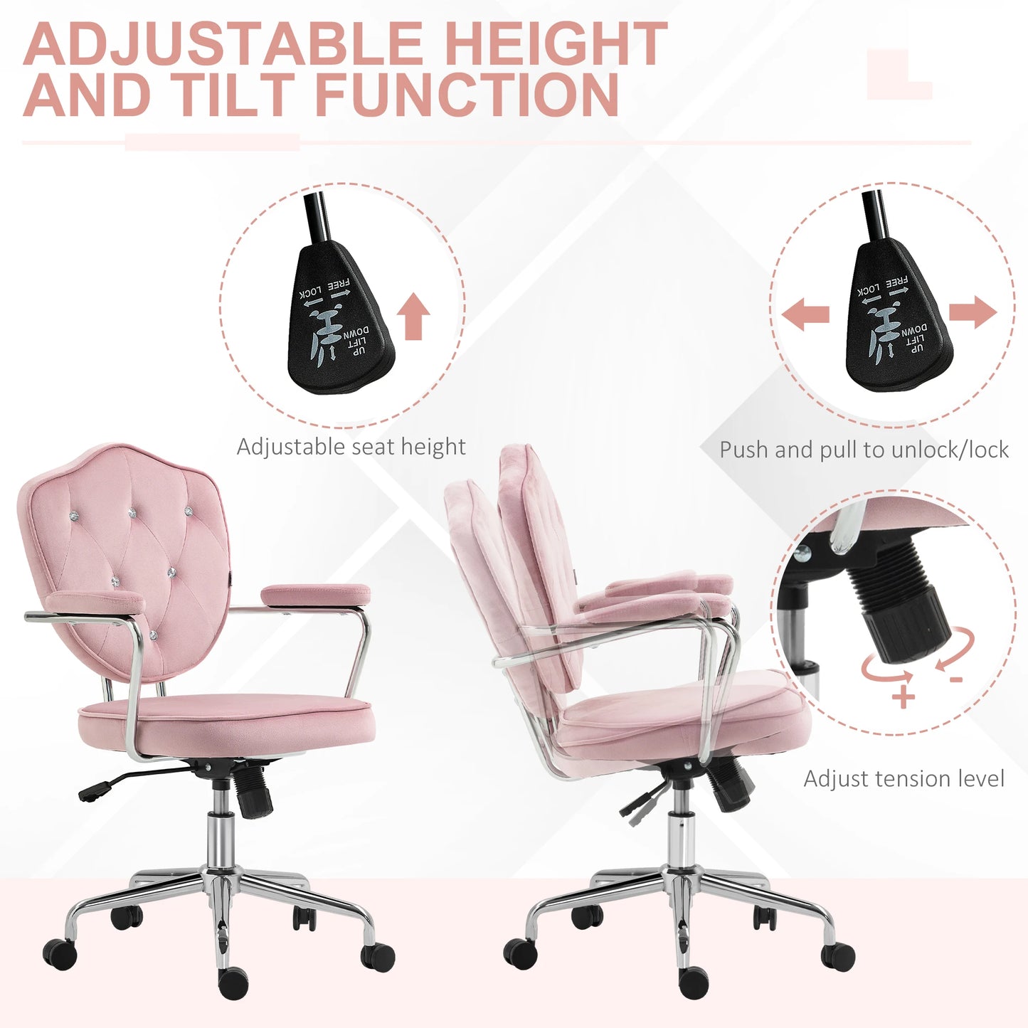 Ljustra Cute Velvet Office Chair Swivel Adjustable Pink Home Furniture