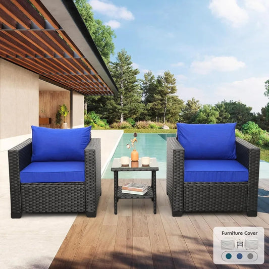 3 Piece Wicker Patio Set Outdoor Chairs Glass Table Garden Furniture