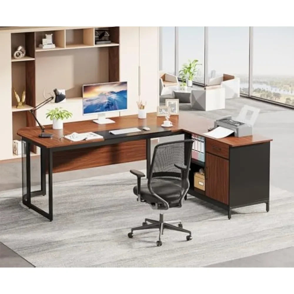 63 Inch L Shaped Executive Desk with File Cabinet Large Computer Desk