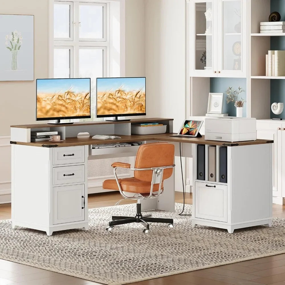 Farmhouse L Shaped Desk with Drawer and Charging Station for Home Office