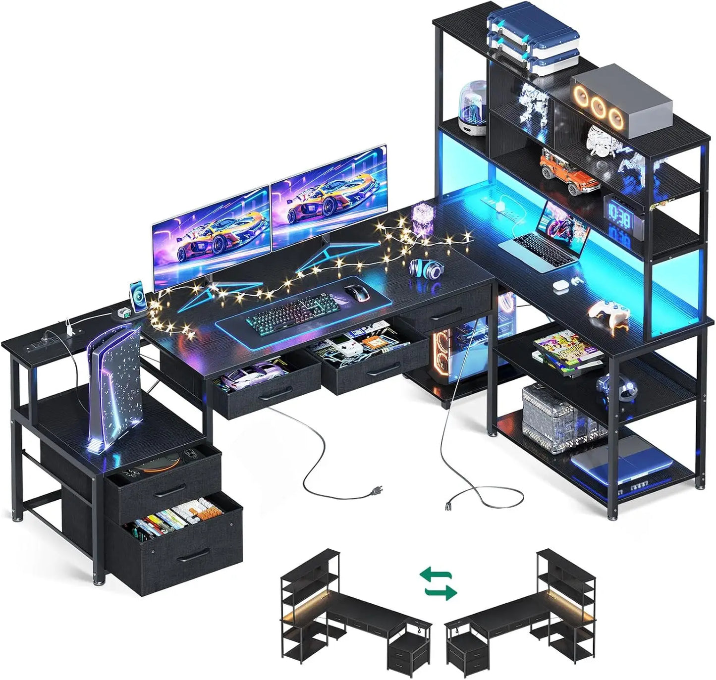 L Shaped Gaming Desk with File Drawers Power Outlets LED Lights