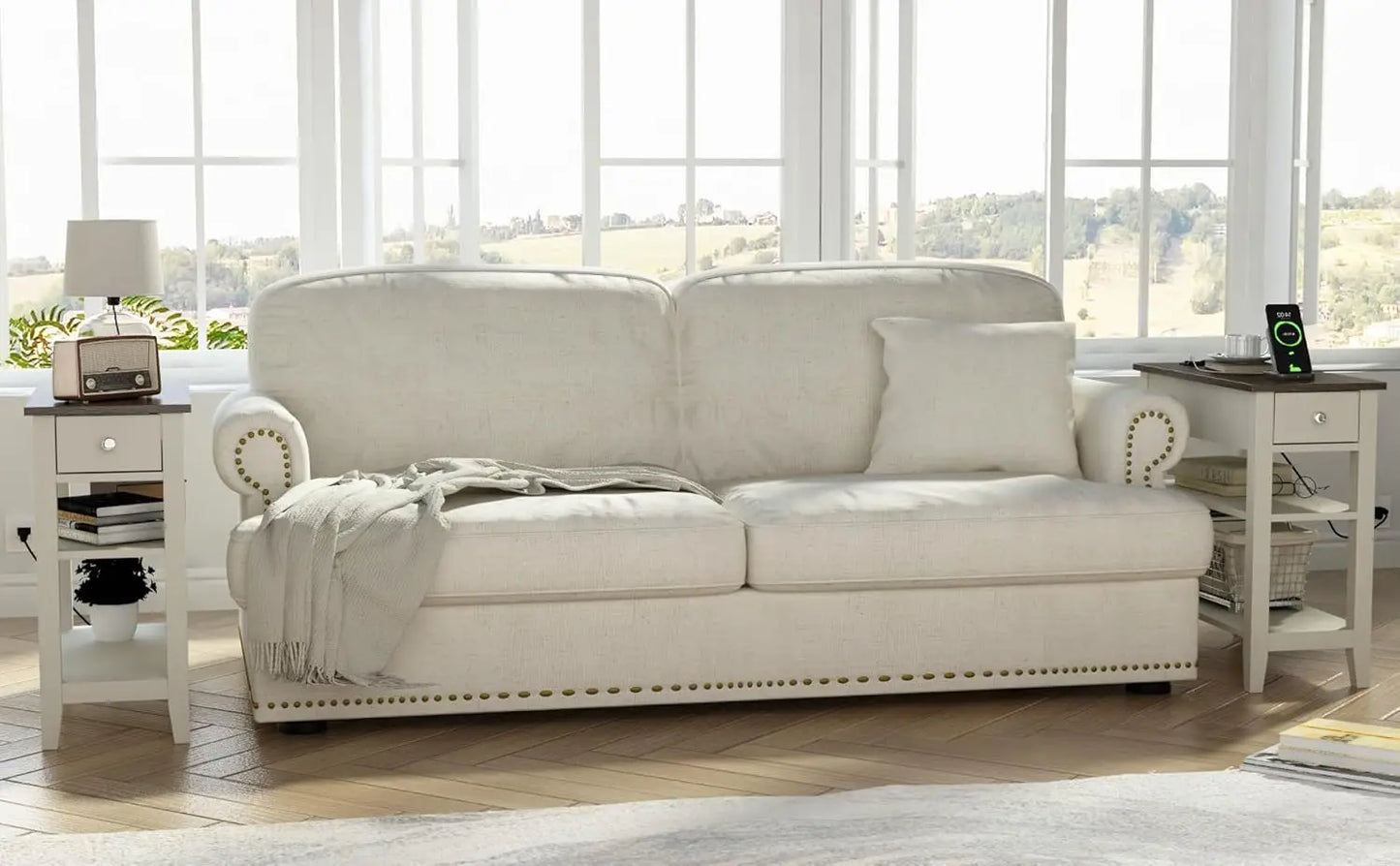 Farmhouse End Table Set of 2 Narrow Sofa Side Table with Charging Station