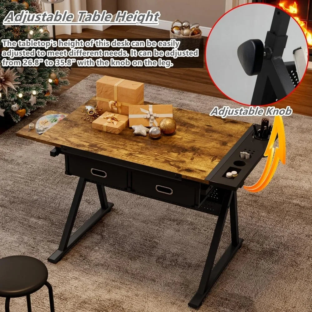 Adjustable Drafting Table Multi-Functional Drawing Desk with Stool
