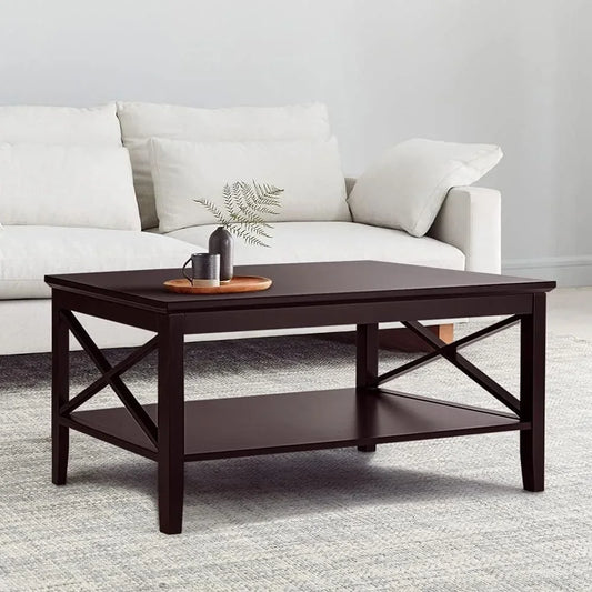 Espresso Wood Coffee Table with Storage Modern 40 Inch 2-Tier Design