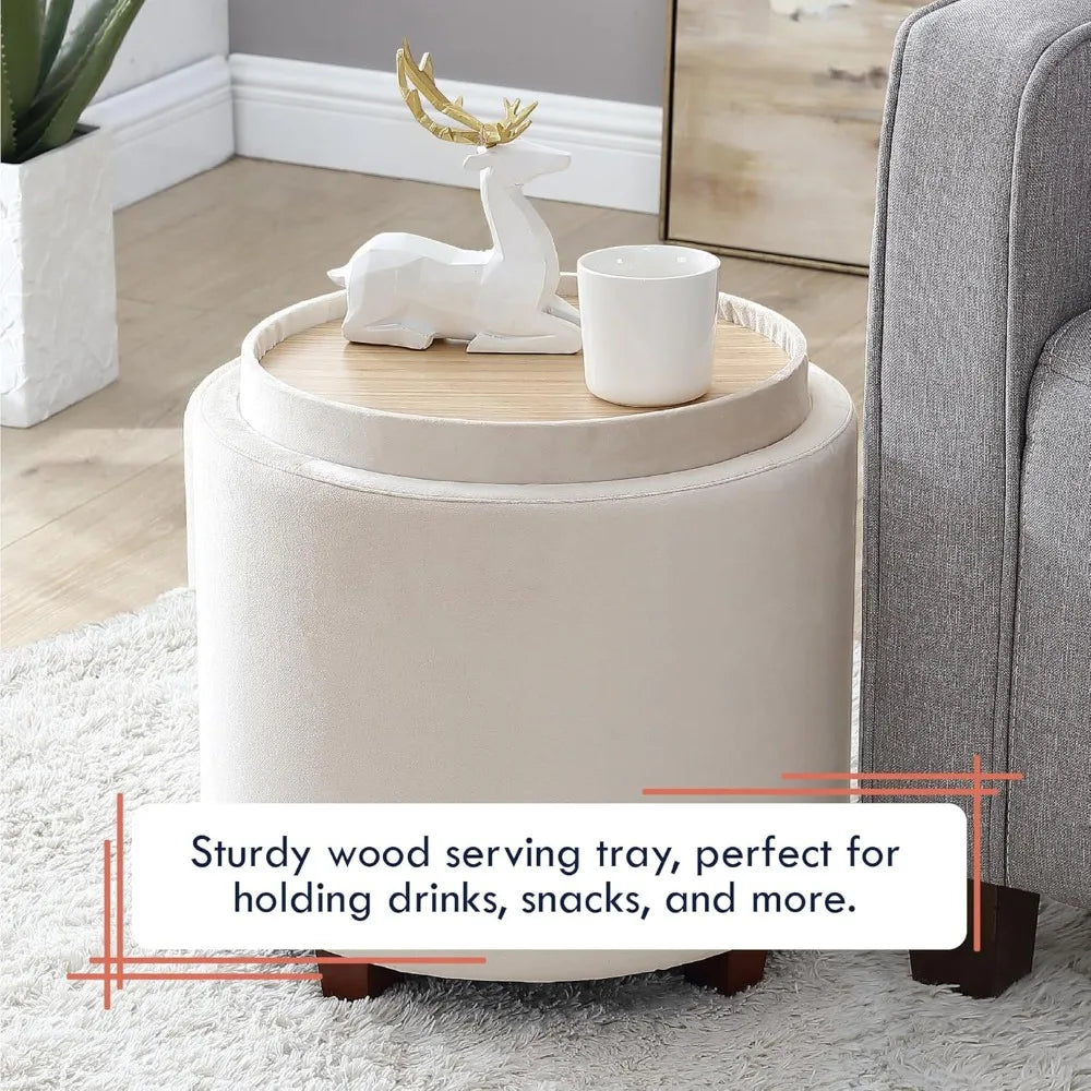 Lawrence Round Storage Ottoman Lift Off Lid Tray Coffee Table Living Room