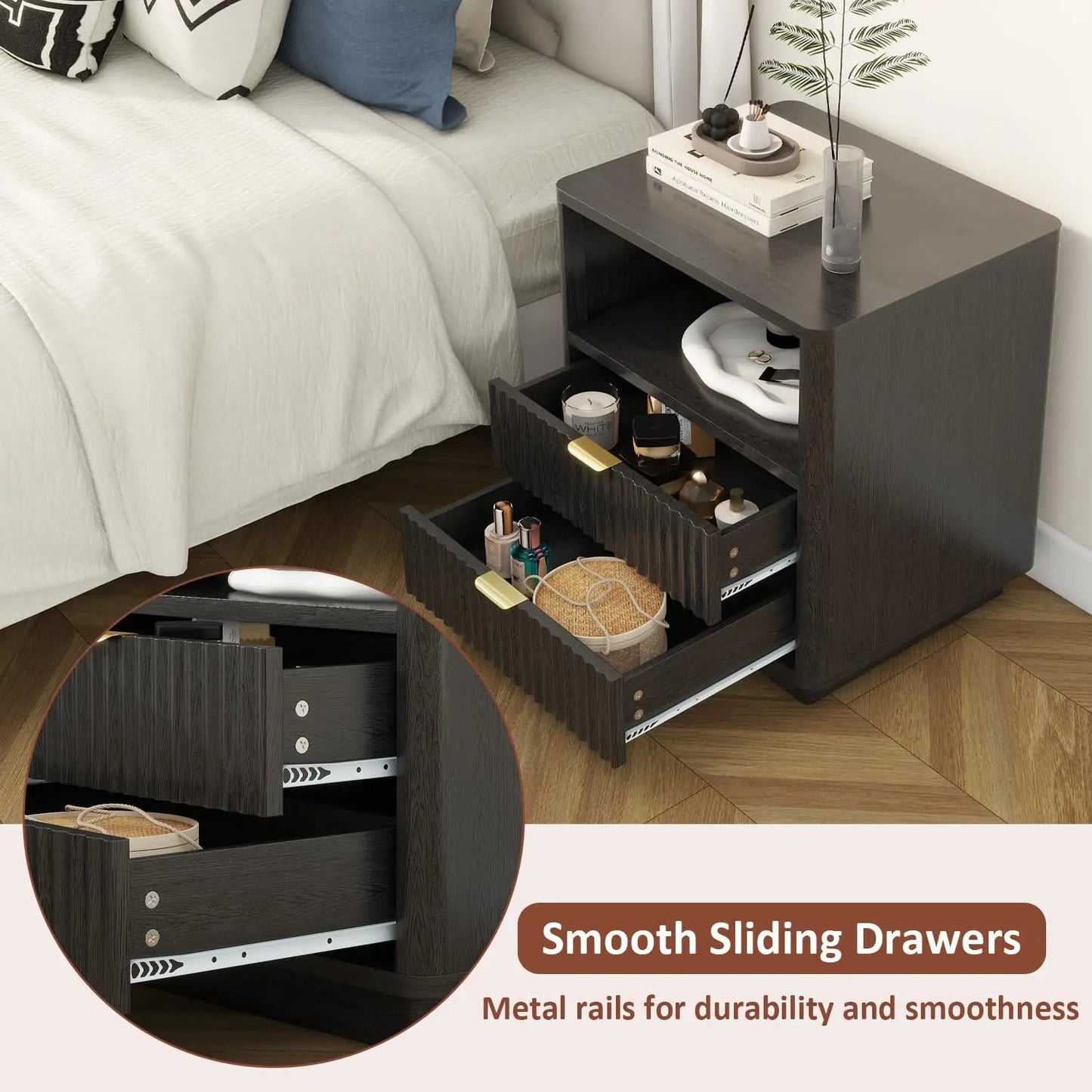 Fluted Nightstands Set of 2 Wooden Bedside Tables Modern Design