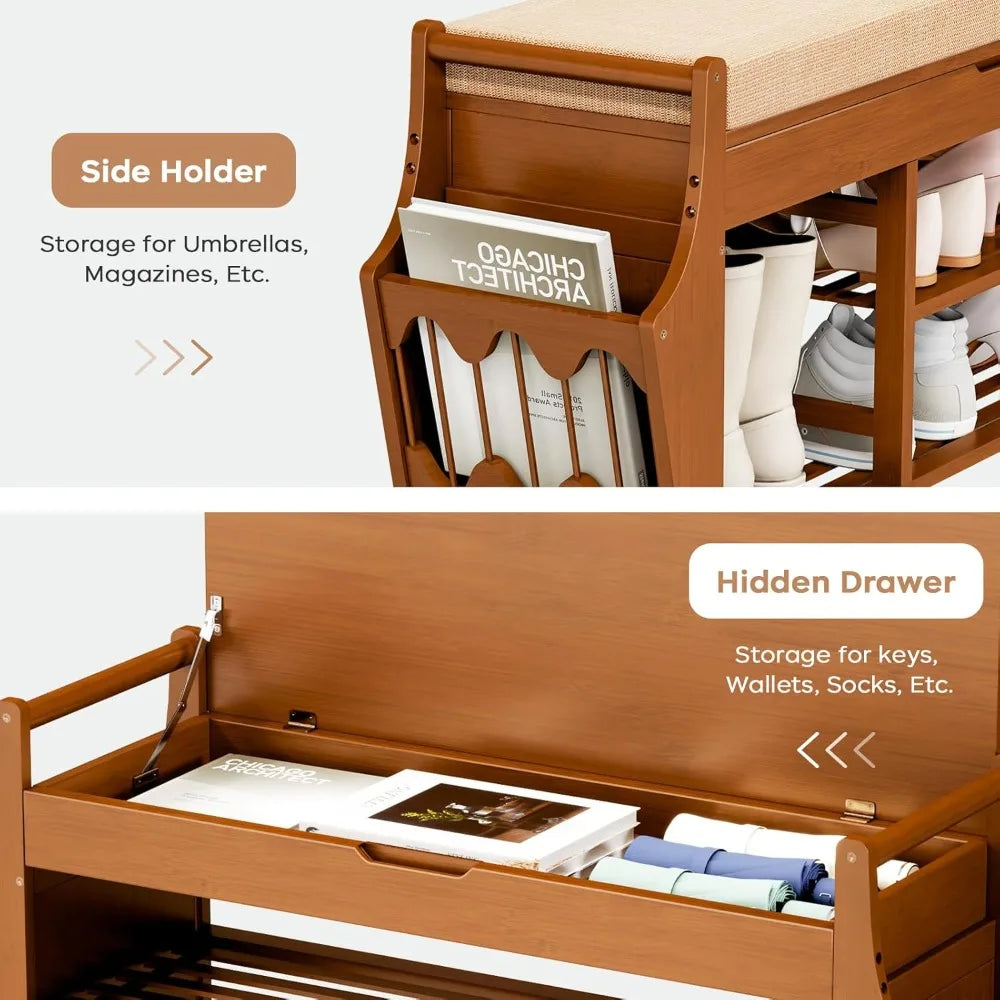 39.4in Bamboo Shoe Bench with Storage Cushion Entryway Organizer