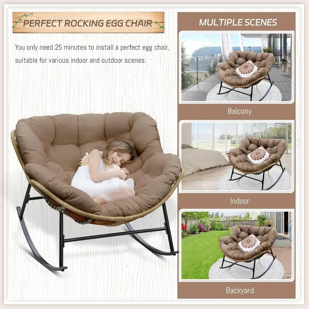 Outdoor Papasan Rocking Chair with Padded Cushion PE Rattan Lounge