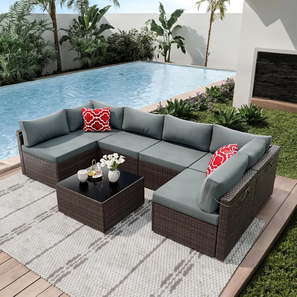 7-Piece Patio Set Sectional Sofa All-Weather PE Rattan Wicker Furniture