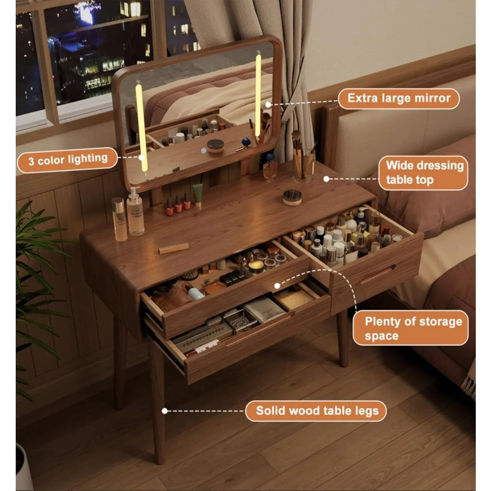 Solid Wood Makeup Vanity Desk with Adjustable LED Mirror Lighting
