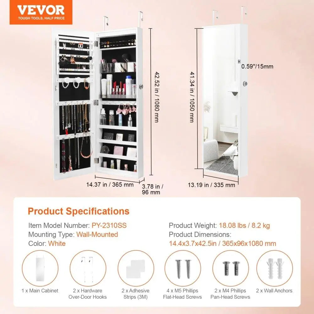 Mirror Jewelry Cabinet Lockable Wall Door Mount Armoire 42.5 Inches