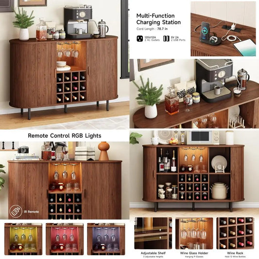 Modern 55 Inch Wine Bar Cabinet with LED Lighting and Wine Rack