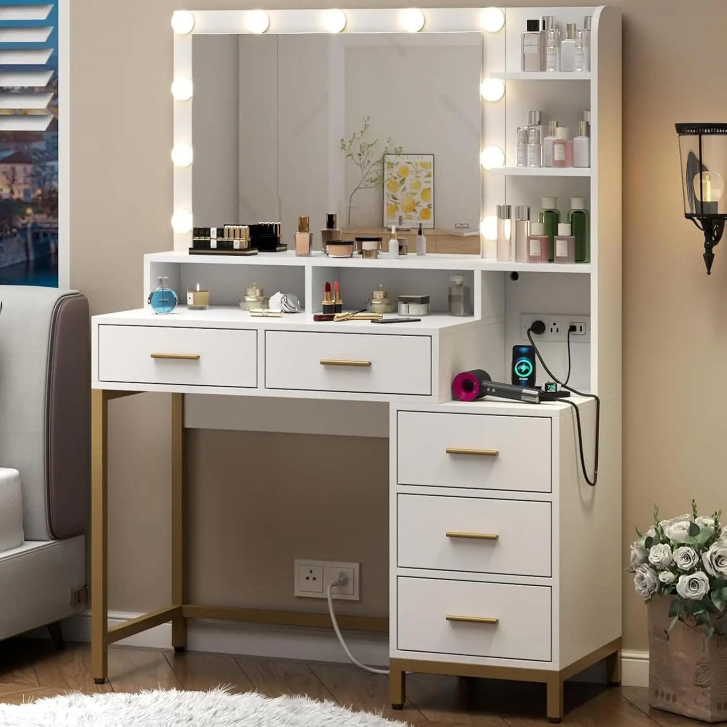 Vanity Desk Lighted Mirror with Power Outlet and 6 Drawers Makeup Table