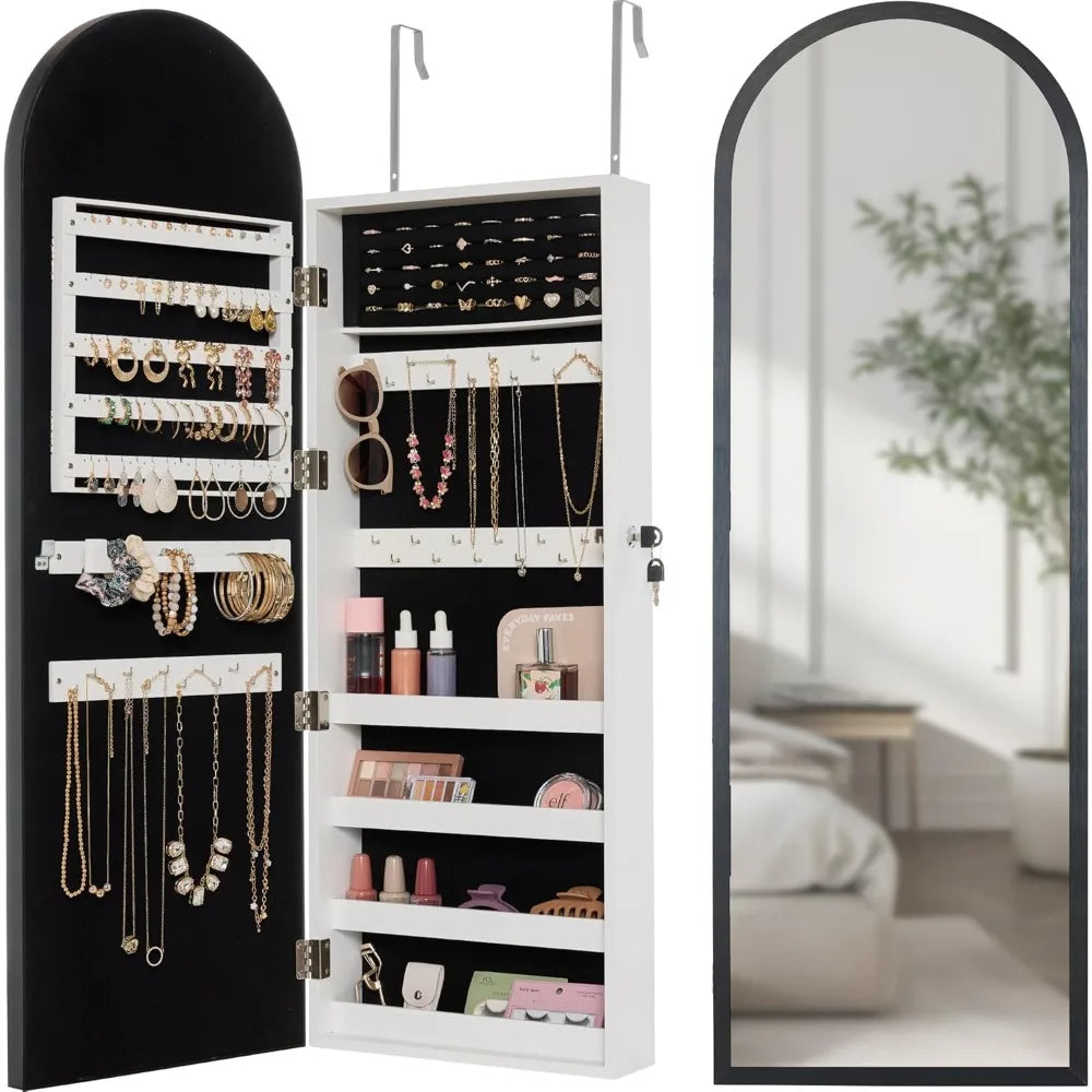 Arch Mirror Jewelry Cabinet Lockable Wall Mount Full-Length Organizer