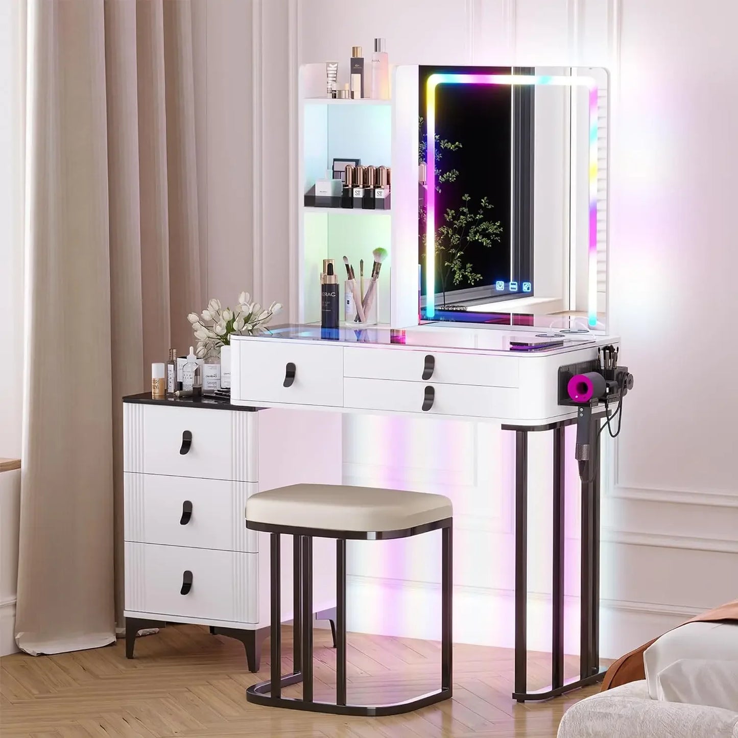 Makeup Vanity Table with Wireless Charging USB Ports 5 Drawers LED Mirror
