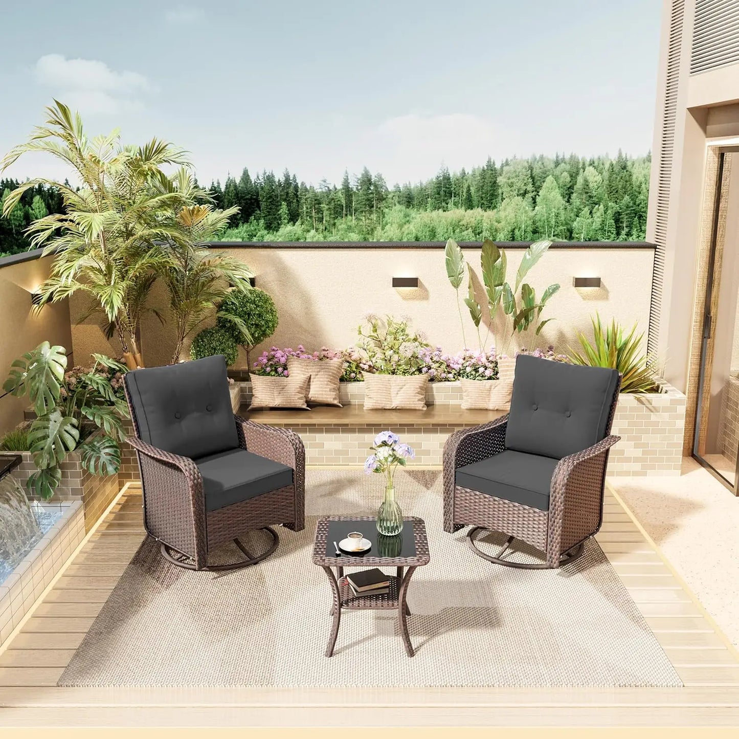 Ljustra 3 Piece Wicker Swivel Rocking Chair Set Outdoor Patio Furniture