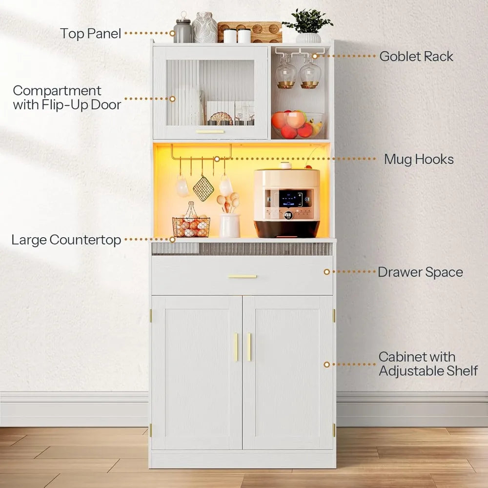 Modern 67" Pantry Cabinet with LED Lights and Charging Station Storage