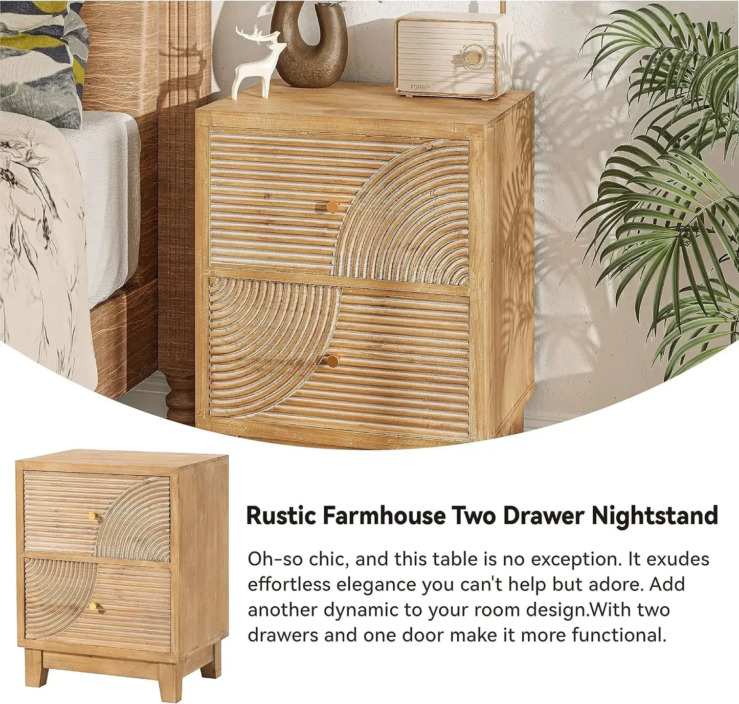 2-Drawer Nightstand Set of 2 Fully Assembled Mid Century Modern Furniture