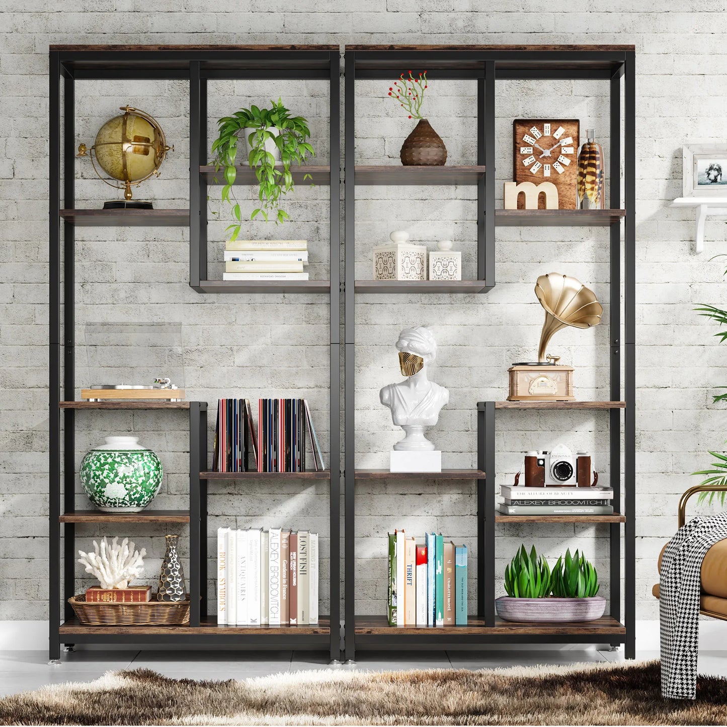 Ljustra Modern 8-Tier Staggered Bookcase Wide Wood Etagere Shelving Unit