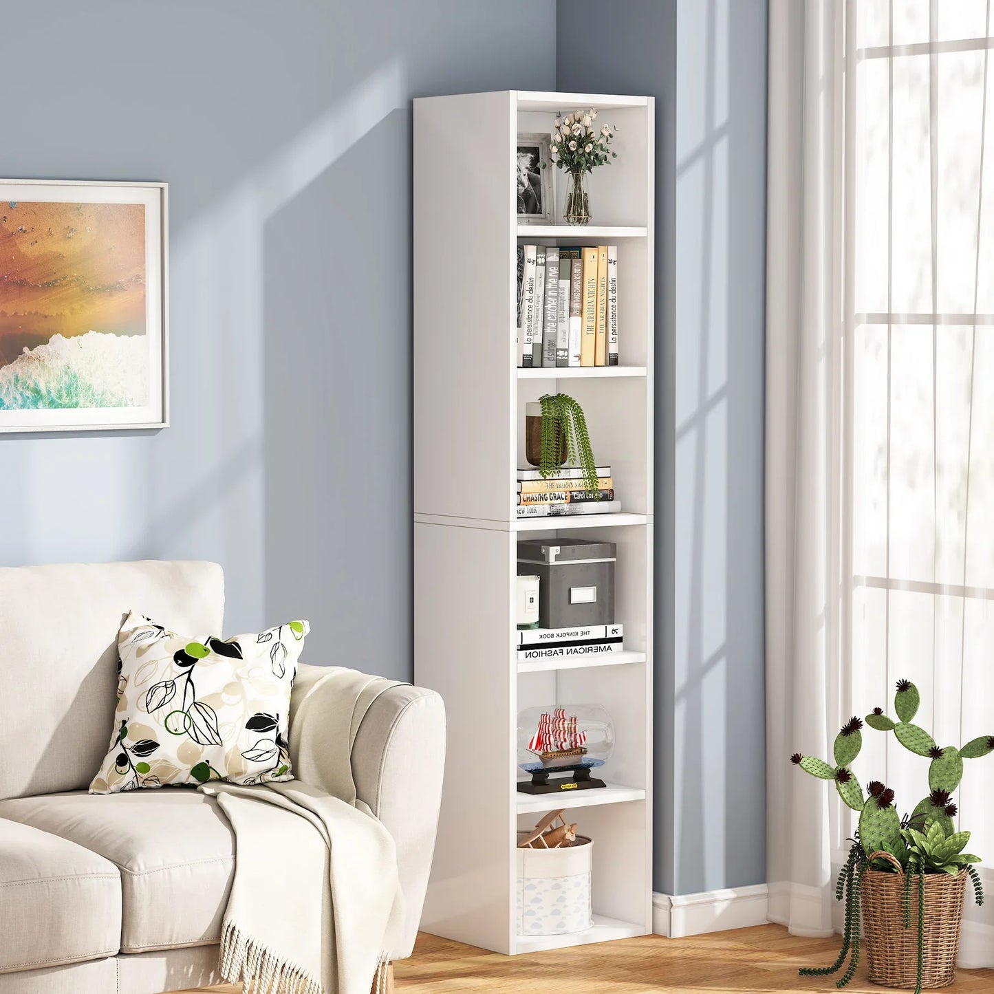 Ljustra 70.9 Inch Tall Narrow Bookcase Modern White Corner Storage Shelf