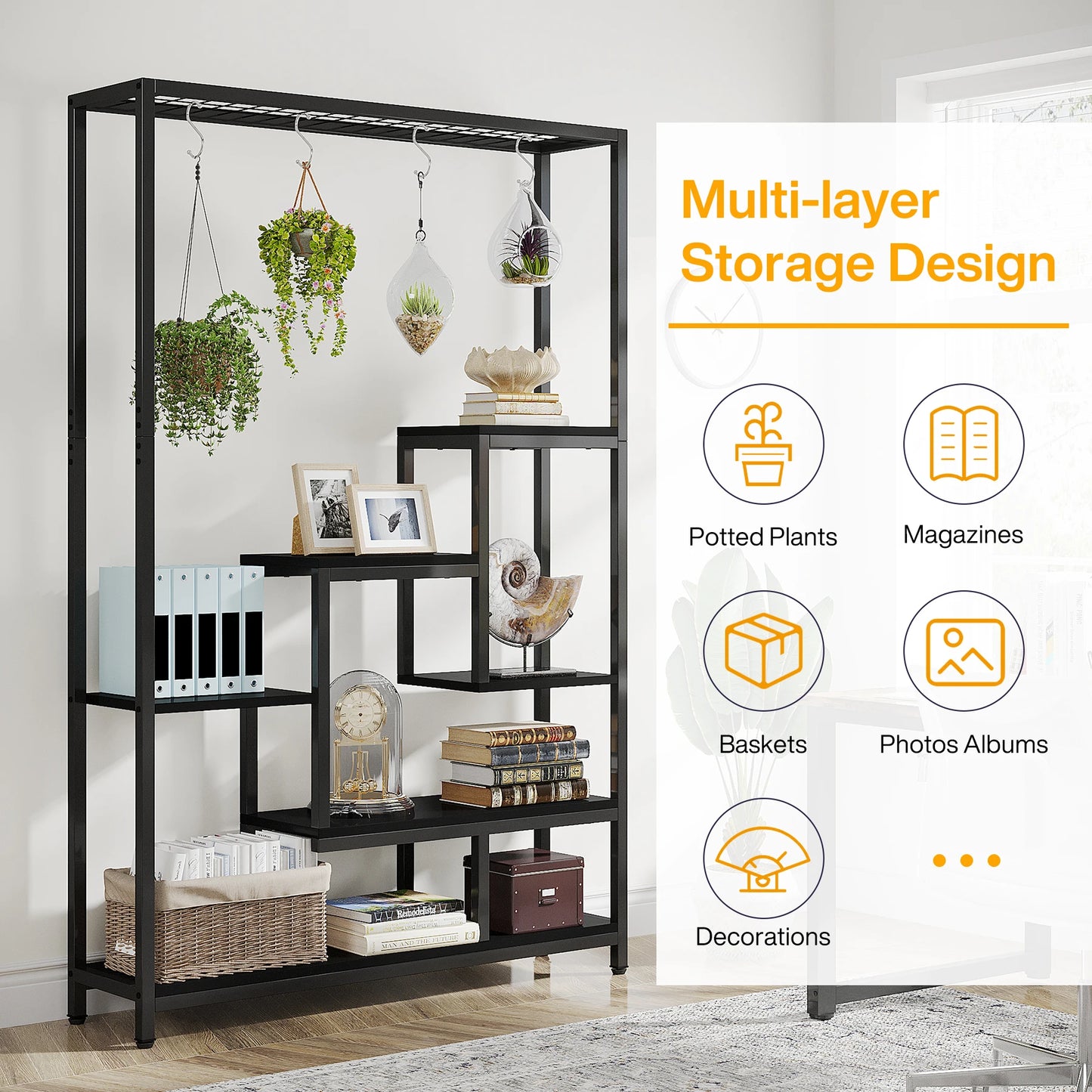 Ljustra 5 Tier Tall Indoor Plant Stand Shelf with Hanging Hooks