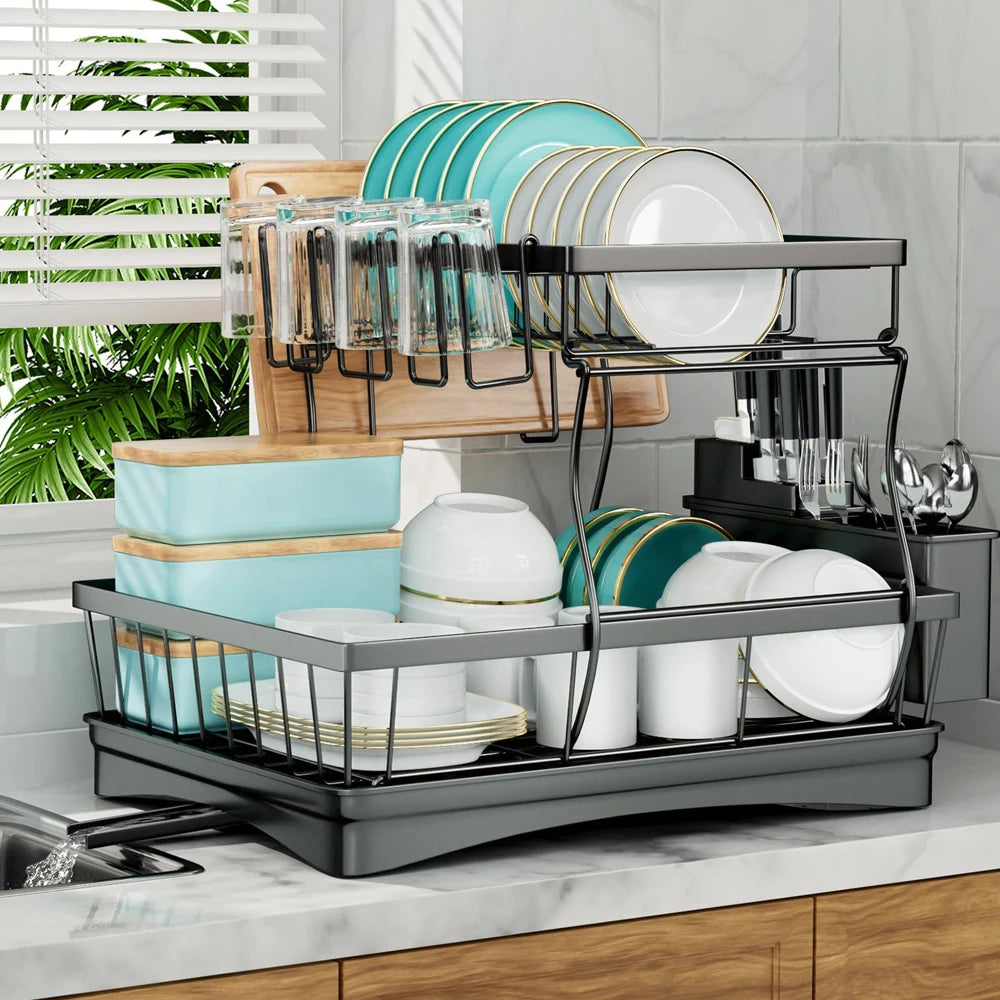 Large 2-Tier Dish Drying Rack Removable Kitchen Countertop Organizer