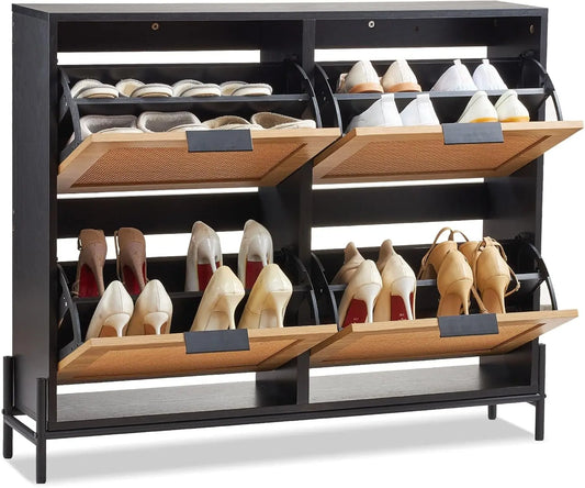Rattan Shoe Cabinet Narrow Shoe Storage Organizer with 4 Flip Drawers Slim