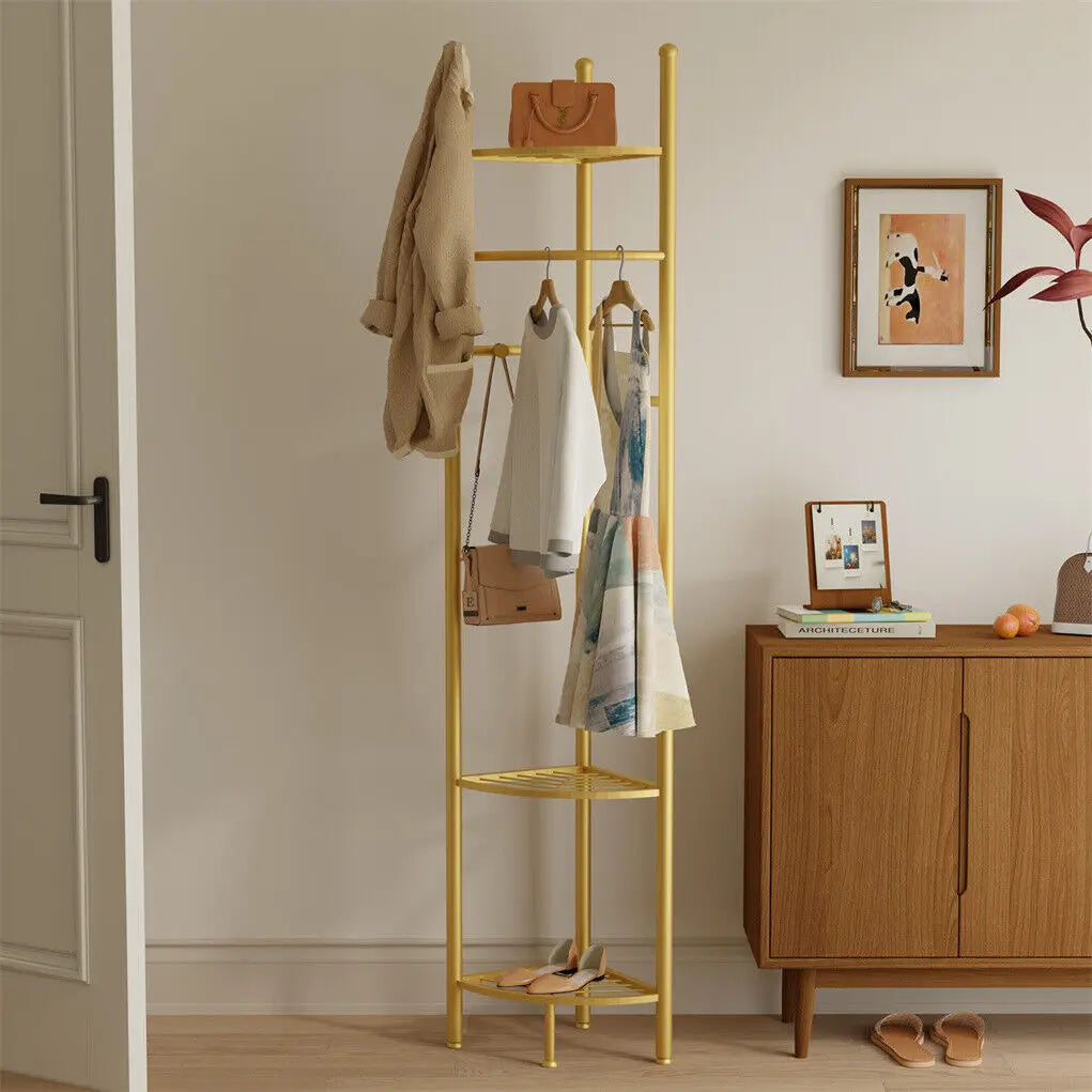 Metal Corner Coat Stand Free Standing Garment Rack with Storage Shelf