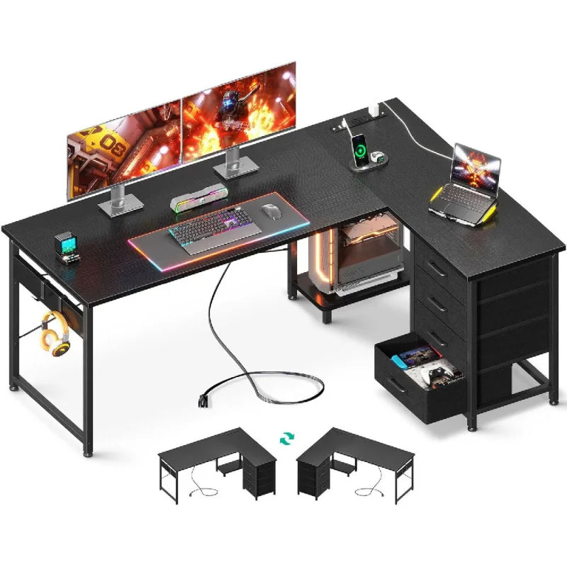 L Shaped Gaming Desk with Power Outlets and 4 Drawers for Home Office