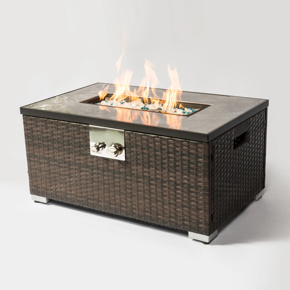 Outdoor Propane Fire Table Rattan Gas Fire Pit with Tile Top 40000BTU