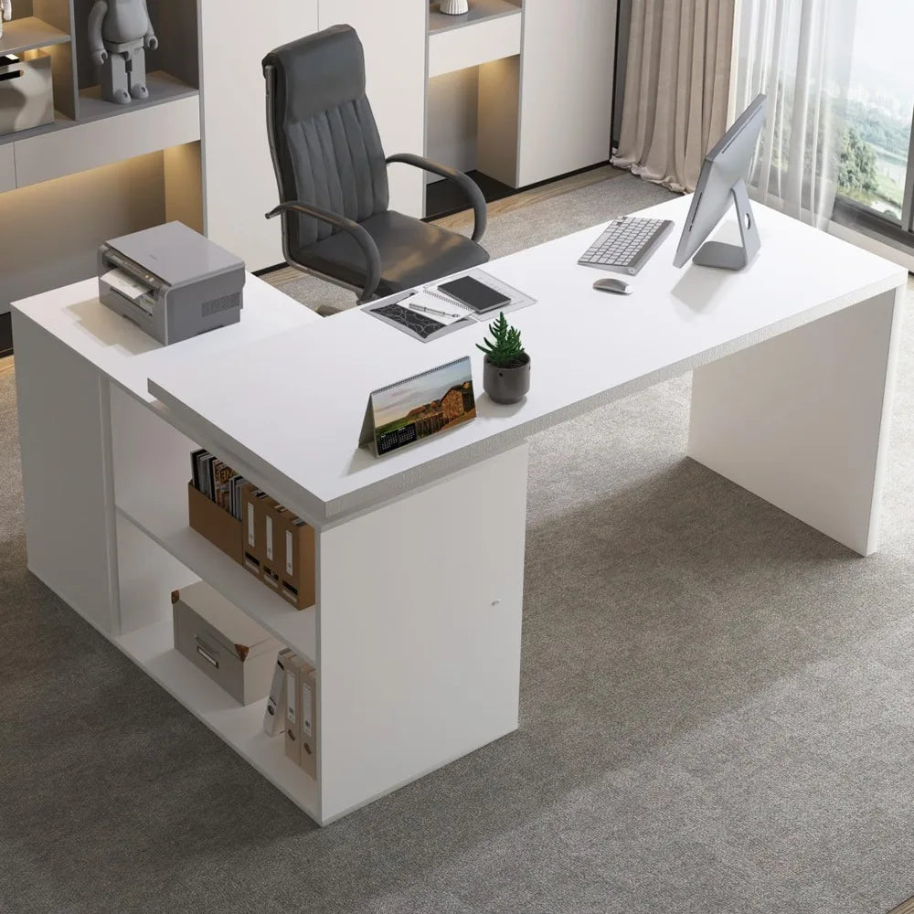 L-Shaped Computer Desk with 3 Drawers and 2 Shelves for Home Office
