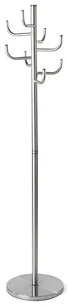 Coat Rack with 8 Hooks Weighted Base Metal Stainless Steel Brushed Silver