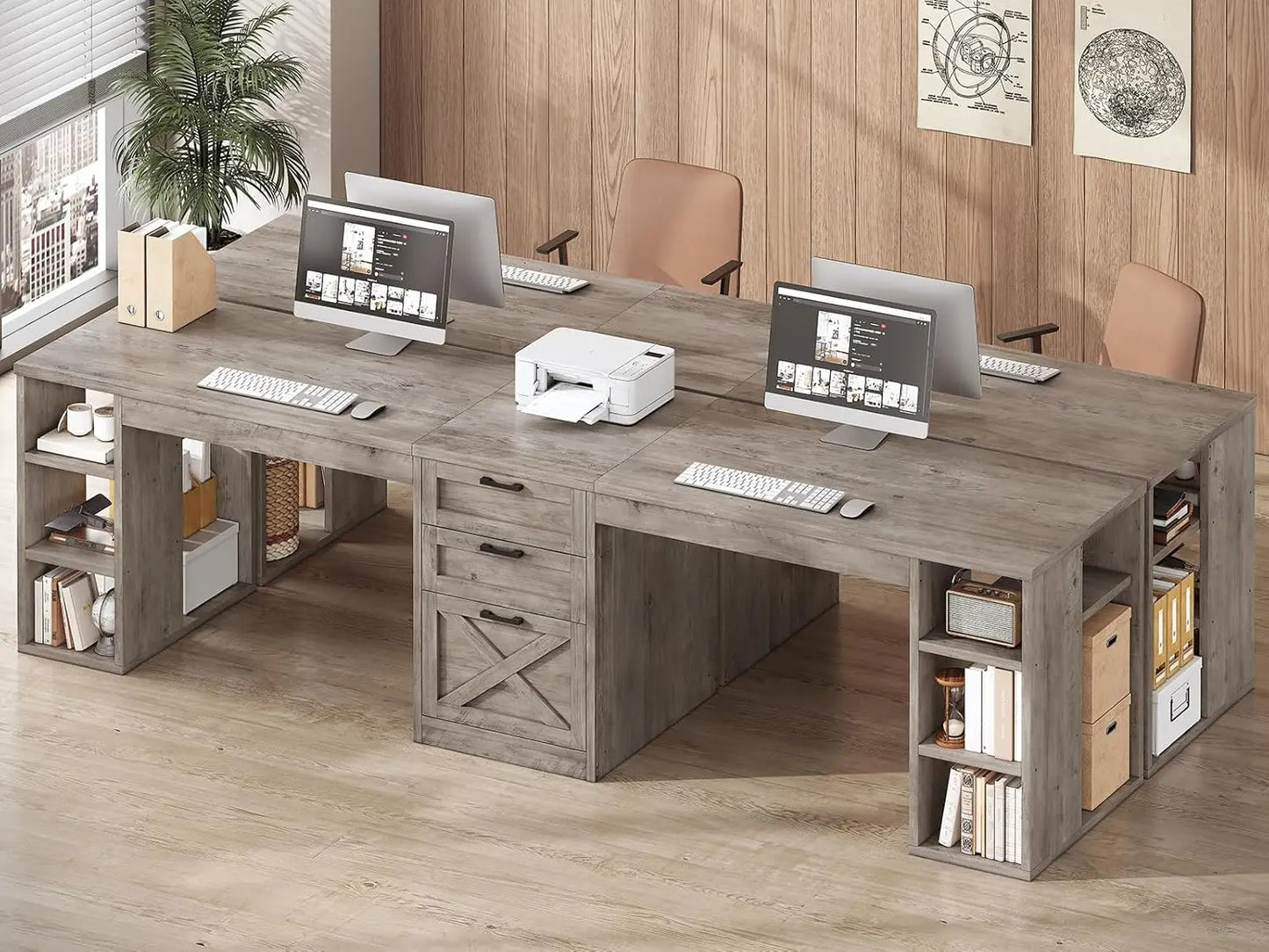 Farmhouse 96.5" Computer Desk 2 Person Home Office Gaming Desk with Drawers