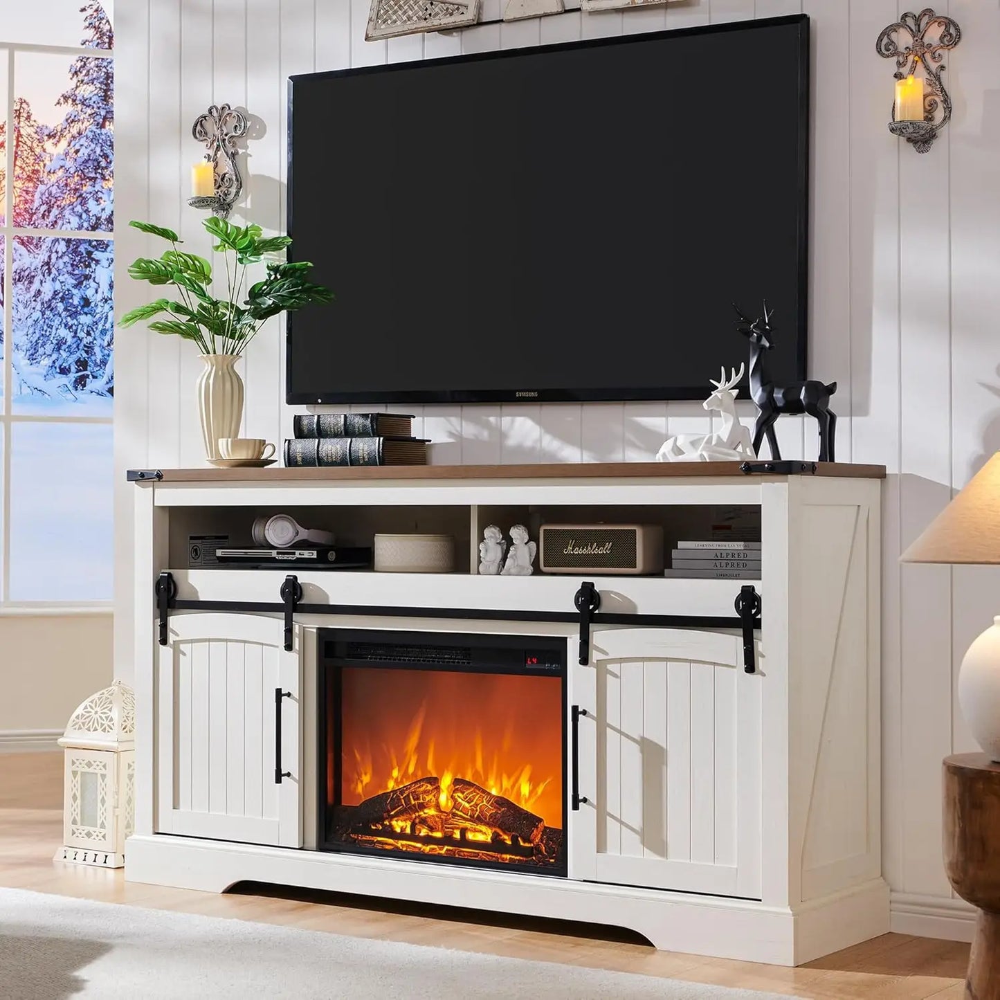 Farmhouse Fireplace TV Stand for 70 Inch TV Highboy Entertainment Center