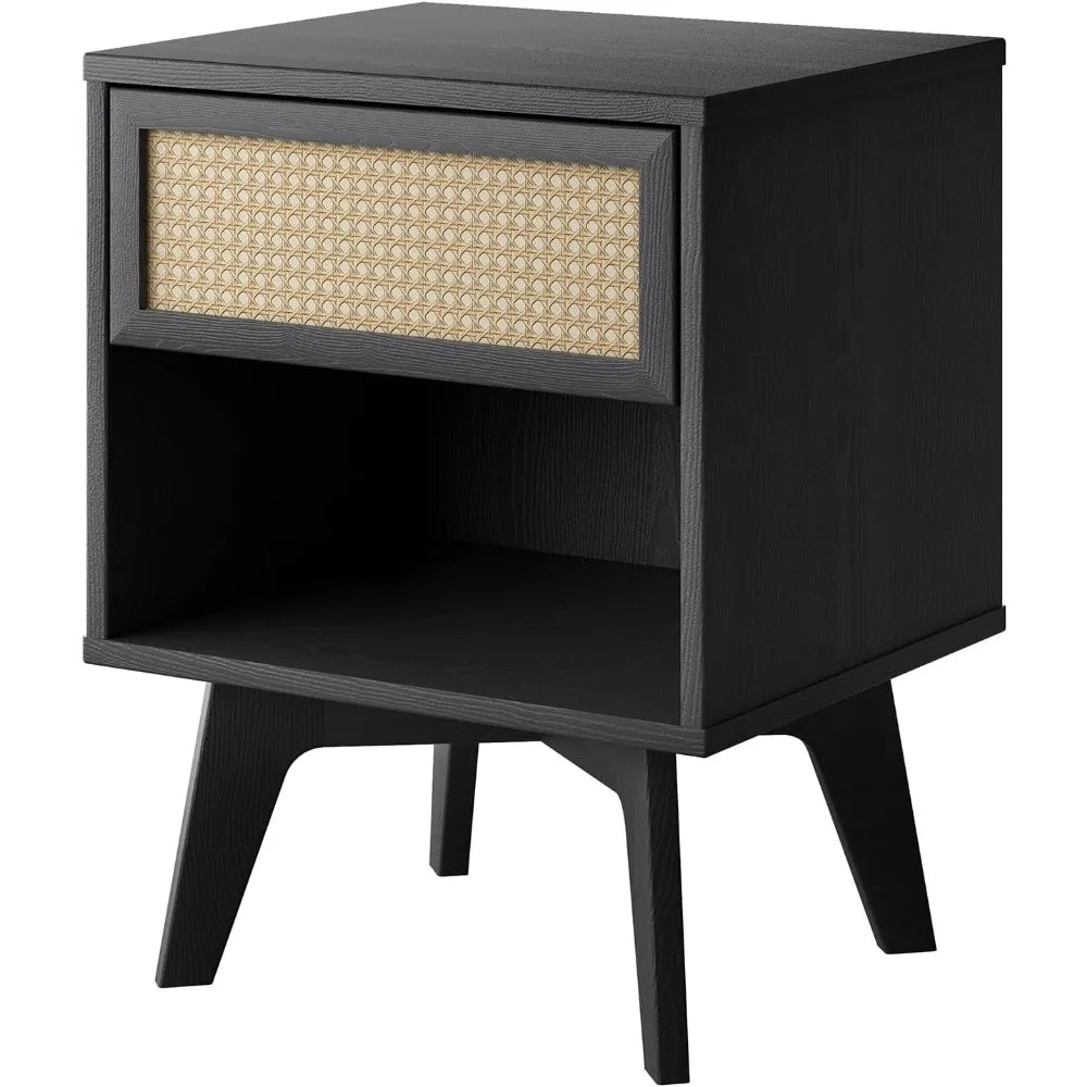 Boho Nightstand Rattan Drawer Open Shelf Black Wood Mid Century Modern