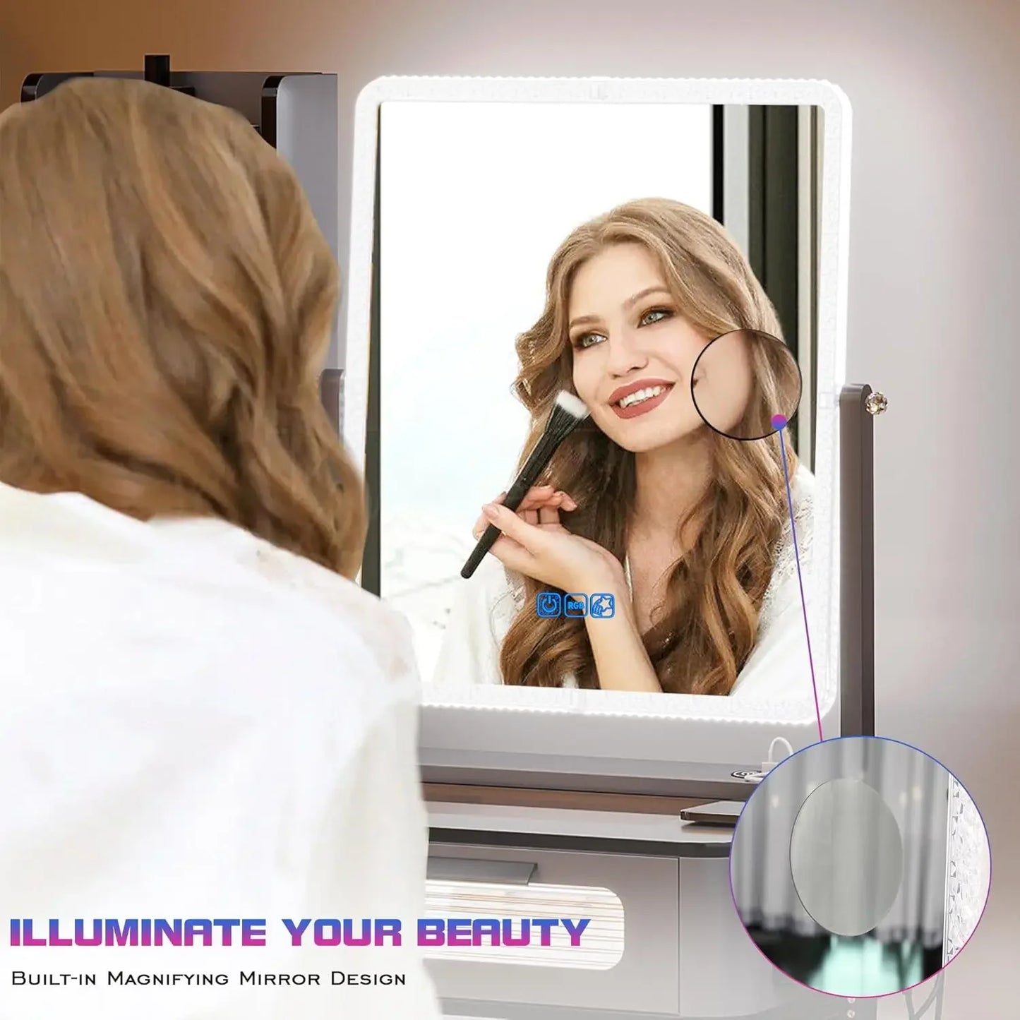 Makeup Vanity Table with Wireless Charging USB Ports 5 Drawers LED Mirror