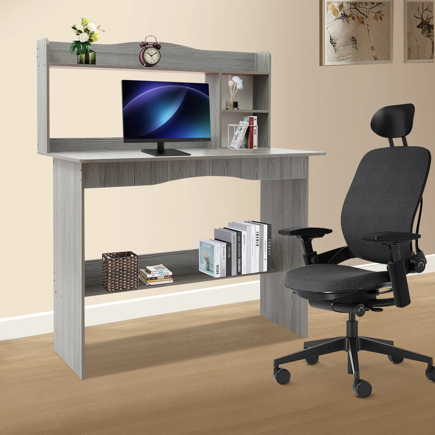 Modern Home Office Desk with Bookshelf Compact Study Desk for Small Spaces