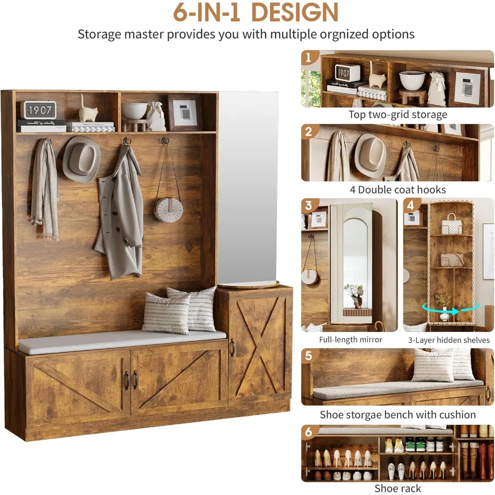 79 Inch Hall Tree Bench Shoe Storage Coat Rack Mirror Entryway Organizer