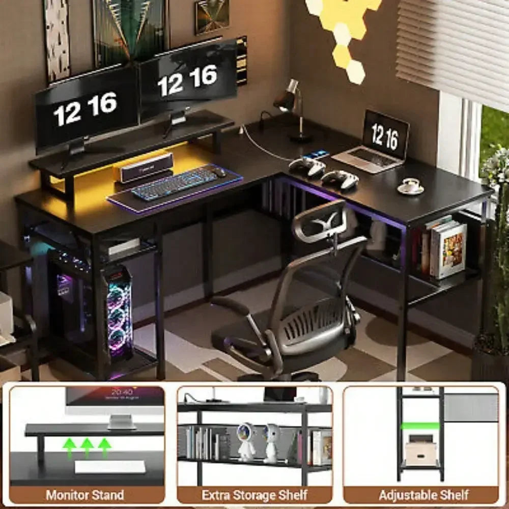 L-Shaped Computer Desk with Lighting and Grid Bookshelves for Home Office